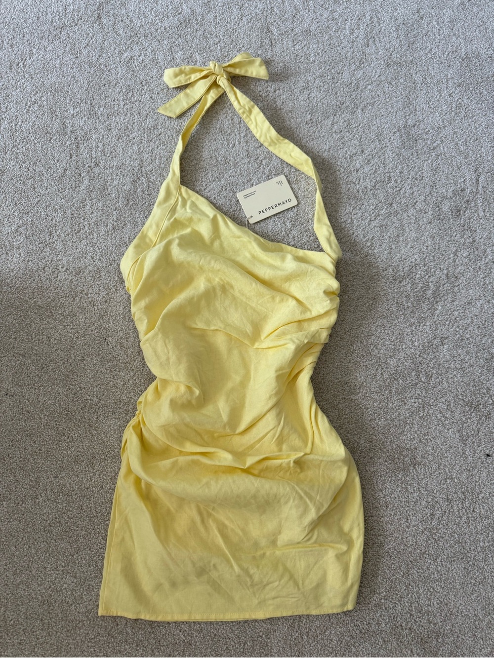 Asymmetric Halter Ruched Mini Dress in Butter Yellow NWT size Medium - Picture 3 of 8